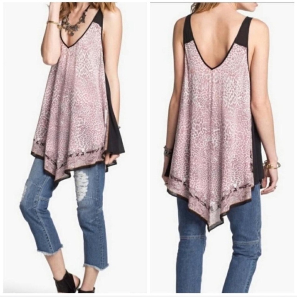 INTIMATELY FREE PEOPLE BLACK  PINK LEOPARD PRINT ASYMMETRICAL HEM TANK TOP SMALL